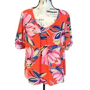 Cato Floral Blouse Puff Sleeves V Neck Tropical Size M Orange and Pink